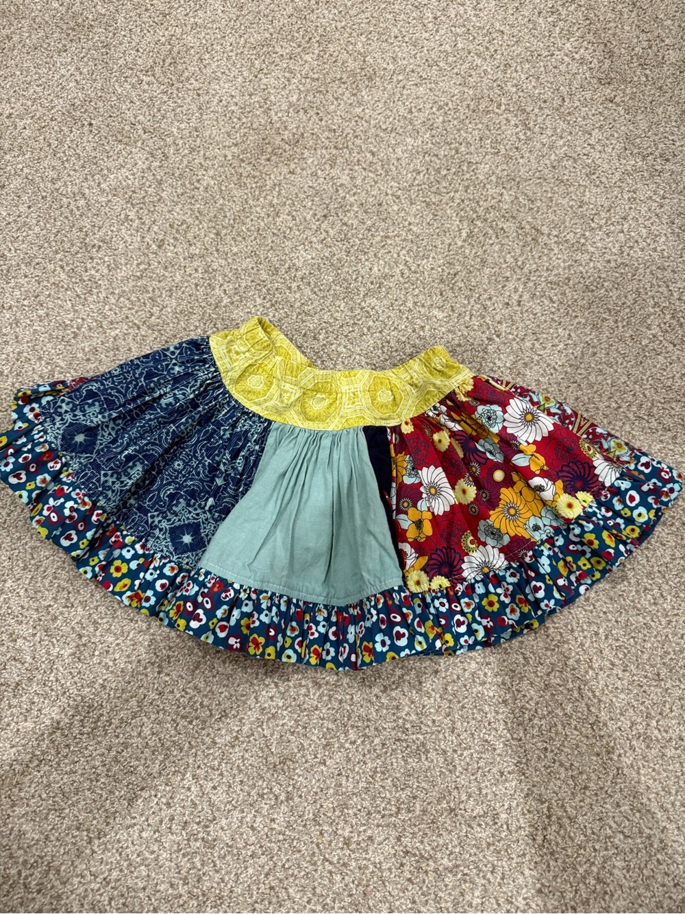 Persnickety Patchwork Floral Tiered Skirt with Yellow Waistband